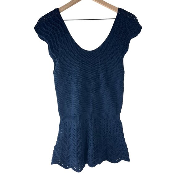 Marie Oliver Navy Blue Crochet Knit Scoop Neck Peplum Top - Picture 5 of 5